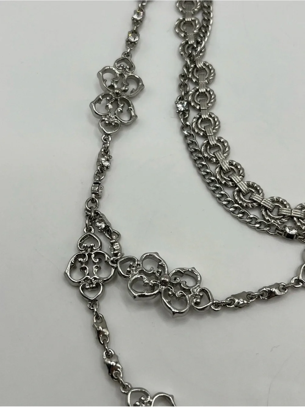 Express Y Drop Rhinestone Layered Statement Silver Tone 16”-20” - Picture 6 of 8